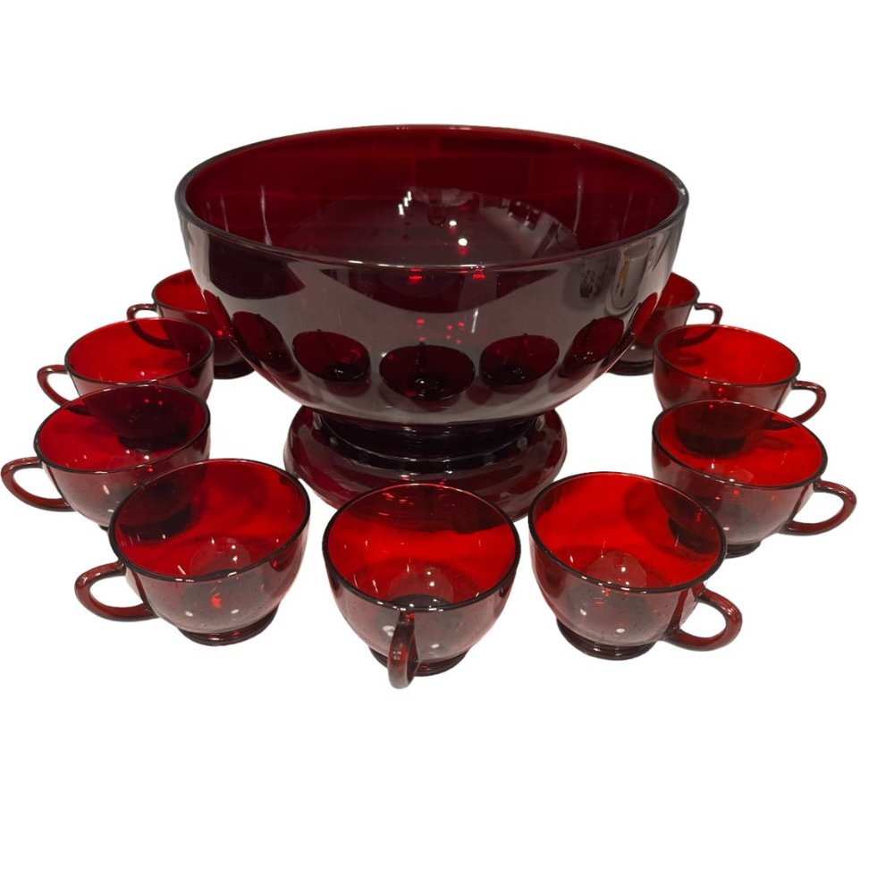 Vintage Anchor Glass Hocking Royal Ruby Punch Bowl Base Cups Party Set Serving